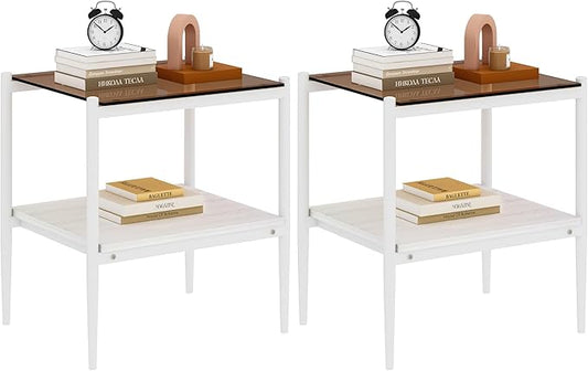 Set of 2 Glass End Table, 2-Layer Glass Living Room Table, Modern Tea Table Side Tables for Home Office Furniture