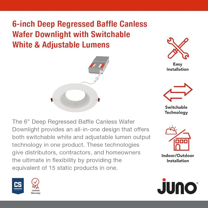 Juno LED Recessed Lights 6 Inch Round Wafer Downlight, 5-in-1 Switchable White Color Temperature, Adjustable Brightness, Deep Regressed Baffled Trim, 6-Inch, Matte White, 6-Pack