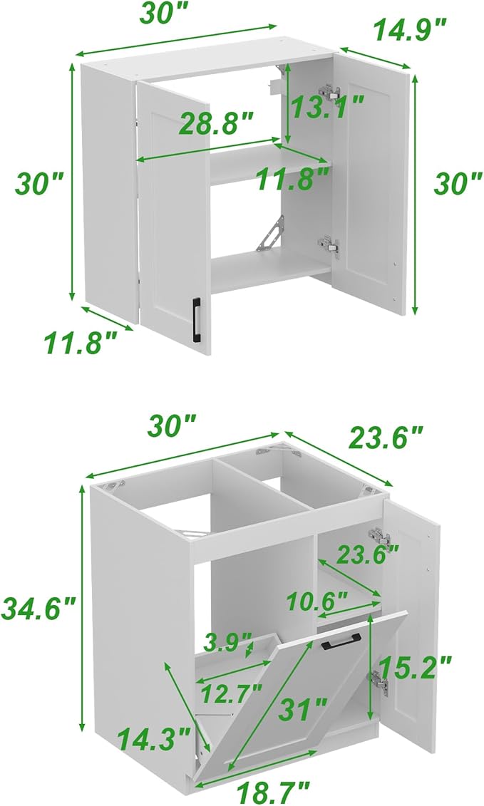 Homsee 30" W Modular Kitchen Pantry with Wall Cabinet, DIY Kitchen Cabinet Set Without Countertop, Modular Storage Cupboard with Trash Can Space & Shelf, Large Storage Set for Dining Room, White