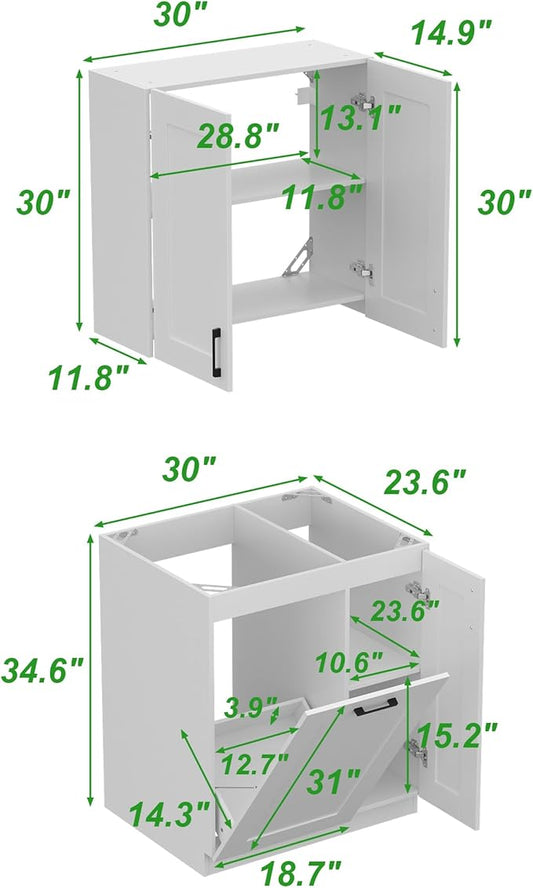 Homsee 30" W Modular Kitchen Pantry with Wall Cabinet, DIY Kitchen Cabinet Set Without Countertop, Modular Storage Cupboard with Trash Can Space & Shelf, Large Storage Set for Dining Room, White