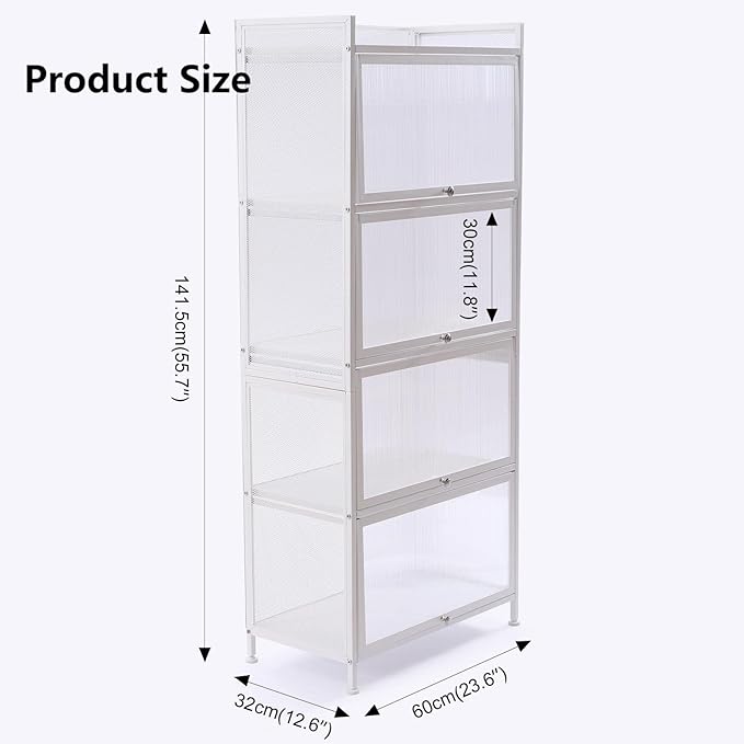 Gdrasuya10 White Kitchen Storage Cabinet Buffet Pantry, 4 Tier Metal Kitchen Pantry Cabinet with Folding Doors 56'' Tall Bookshelf Bookcase Suitable for Dining Room Living Room