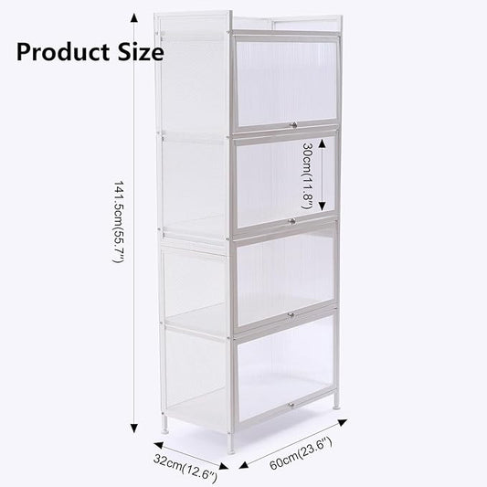 Gdrasuya10 White Kitchen Storage Cabinet Buffet Pantry, 4 Tier Metal Kitchen Pantry Cabinet with Folding Doors 56'' Tall Bookshelf Bookcase Suitable for Dining Room Living Room