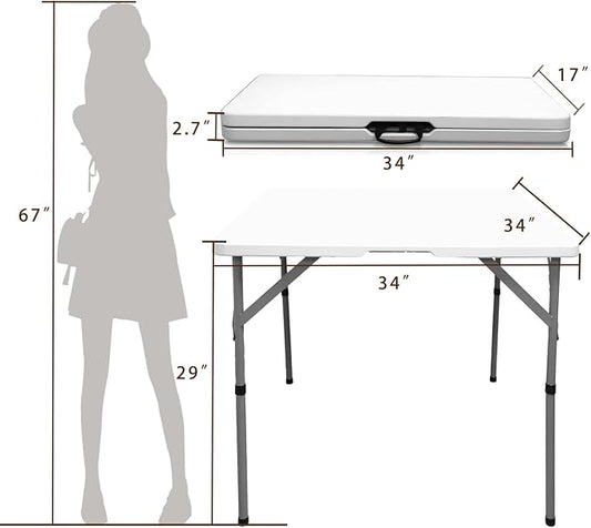 34" Fold in Half Square Folding Table, Plastic Square Card Table, Game for Puzzles Crafting Fold in Half Camping Table Utility use for Indoor Outdoor Picnic Party