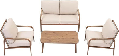 Aluminum Patio Conversation Set, 4-Piece Outdoor Furniture with Coffee Table, Loveseat and Cushions, All-Weather Sofa Set, Beige