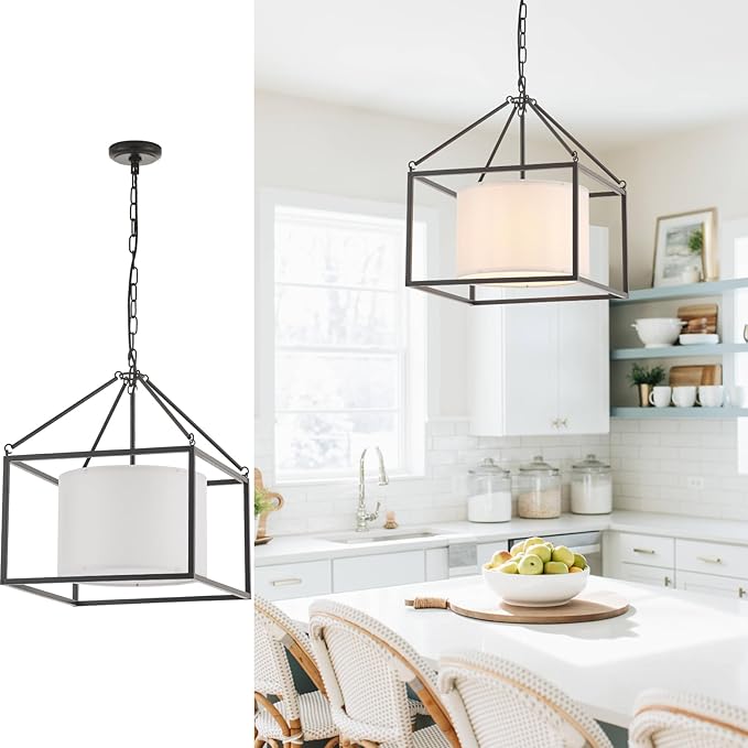 VILUXY Modern Farmhouse Chandelier 17" Black Ceiling Pendant Light with White Fabric Drum Chandeliers Round Square Hanging Lighting for Dining Room Bedroom Foyer