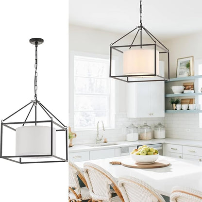 VILUXY Modern Farmhouse Chandelier 17" Black Ceiling Pendant Light with White Fabric Drum Chandeliers Round Square Hanging Lighting for Dining Room Bedroom Foyer