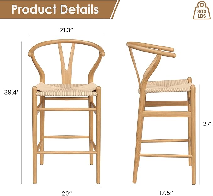 Modern Dining Chairs with Natural Weave Seat - Sturdy Construction Bar Stools for Kitchen Island, Versatile Use in Dining Room and Bedroom, Stylish Simple Design Comfortable Fully Assembled,Natural-Ra
