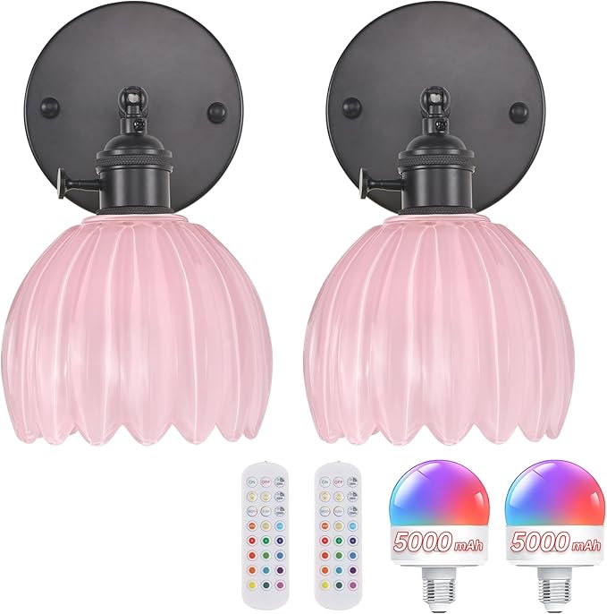 Shenmoyl Vintage 5000 mAh Battery Operated Wall Sconce with Pink Tulip Glass Lampshade Rechargeable Battery Powered Wall Light with Remote Control for Bedroom Doorway, Set of 2