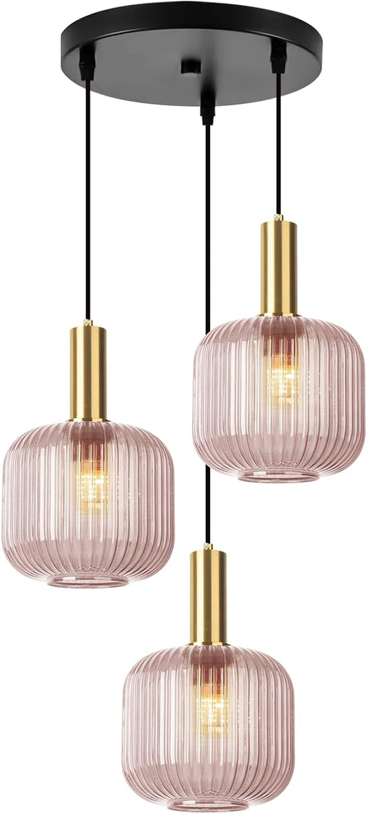 3-Lights Pink Glass Pendant Light with Striped Shade, 59" Adjustable Hanging Chandelier Vintage Industrial Ceiling Light Fixture for Dining Room Living Room Bedroom