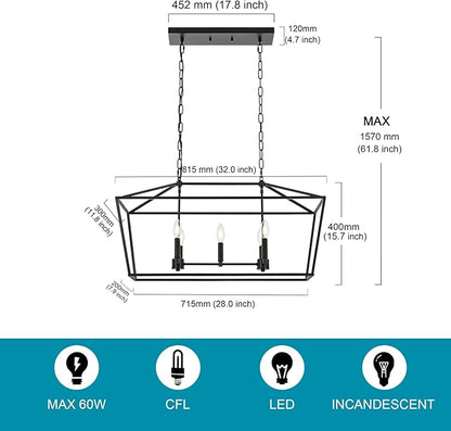 5-Light Kitchen Island Linear Chandelier Large Farmhouse Black Pendant Lighting for Dining Room Over Table Vintage Lantern Hanging Light Fixture, Sloped Ceiling
