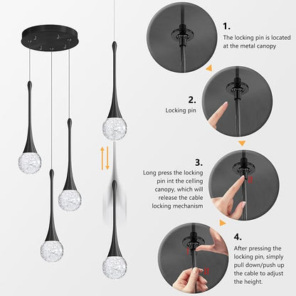 cenzoz 3-Lights Modern Pendant Lights for Kitchen Island LED Dimmable Crystal Glam Ceiling Pendant Lighting Chandelier for Dining Room Hallway Bedroom Corner Lamp Black