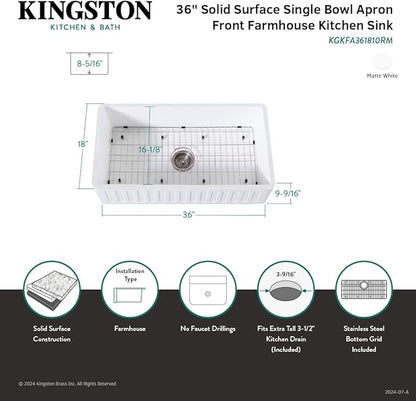 Gourmetier KGKFA361810RM 36-Inch x 18-Inch Single Bowl Apron-Front Farmhouse Kitchen Sink with-Drain and-Rack, Matte White/Brushed