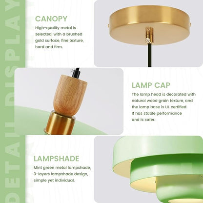 Mint Green Pendant Light with Solid Wood, 13.8 Inch Adjustable Modern Farmhouse Ceiling Lamp for Kitchen Island, Pantry, Dining Room, Living Room