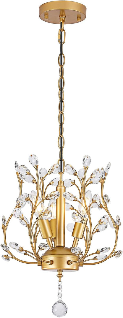 Small Gold Crystal Chandelier, Farmhouse 3-Light Branch Crystal Pendant Light with 47.2'' Adjustable Chain, Vintage 13.8'' Ceiling Hanging Light Fixture for Dining Room, Kitchen, Entryway