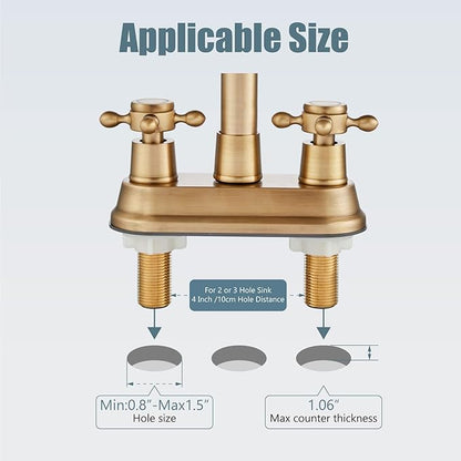 Aolemi 4 Inch Centerset Bathroom Sink Faucet Vintage 2 Cross Handle RV Mixer Tap Basin Vanity Lavatory Utility for Sink 3 Hole Include Hoses Pop Up Drain Faucet Handle Without Label Antique Brass