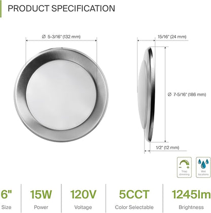 ASD 6 Pack LED Disk Lights 6 Inch, 15W 5CCT 2700K-5000K 1245LM CRI90+, Dimmable Flush Mount Ceiling Light Fixture, Low Profile Surface Mount Disc, Junction Box or Recessed Can Install, UL Energy Star