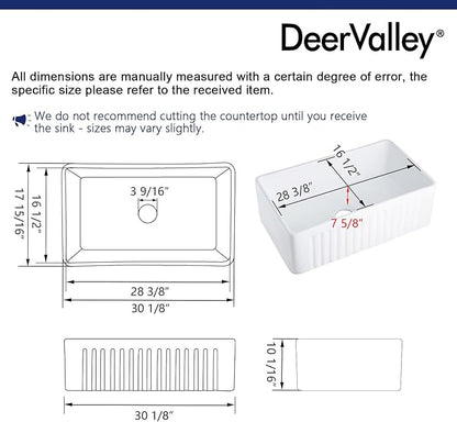 DeerValley Farmhouse Sink 30"x18" 10 inch Deep White Kitchen Sinks Fireclay Single Bowl Apron Front Lavabos de Cocina with Accessories