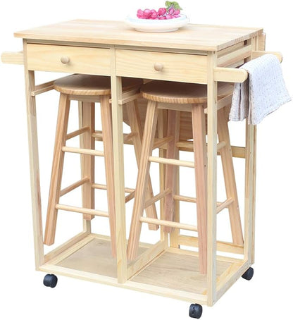 LITOU Kitchen Island on Wheels,Small Kitchen Table with Rolling Casters,Dining Table Set with Folding Drop Leaf 2 Drawers, Small Kitchen Table Set for 2 Square Stools - Natural