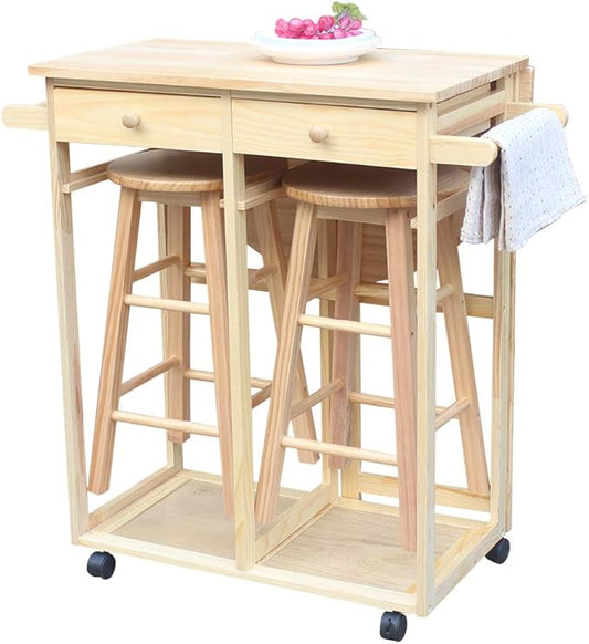 LITOU Kitchen Island on Wheels,Small Kitchen Table with Rolling Casters,Dining Table Set with Folding Drop Leaf 2 Drawers, Small Kitchen Table Set for 2 Square Stools - Natural