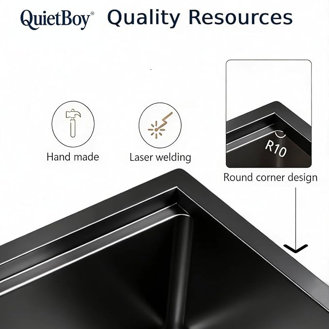QuietBoy 25" Black Workstation Kitchen Sink, 16 Gauge Stainless Steel Drop-In Single Bowl Sink, Topmount Farmhouse Sink for Kitchen & RV, Deep Basin with Ledge & Accessories (Black, 2522)
