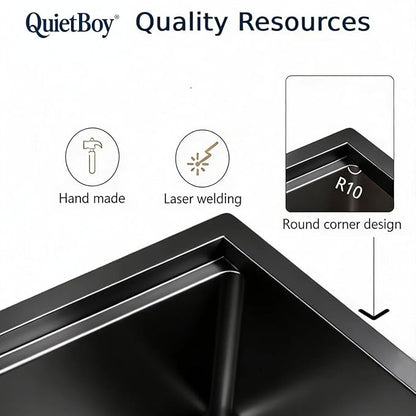 QuietBoy 25" Black Workstation Kitchen Sink, 16 Gauge Stainless Steel Drop-In Single Bowl Sink, Topmount Farmhouse Sink for Kitchen & RV, Deep Basin with Ledge & Accessories (Black, 2522)