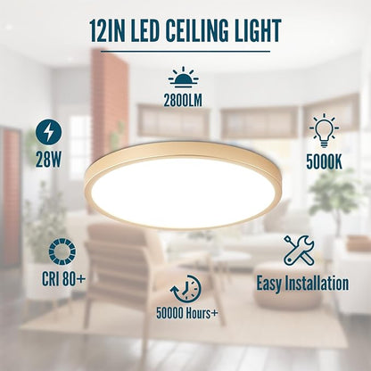Gold LED Flush Mount Ceiling Light Fixture, 12inch 28W 5000K LED Ceiling Light Set of 6, Ultra Slim Flush Mount Ceiling Lamp for Bedroom, Living Room, Dining Room, Kitchen, Hallway