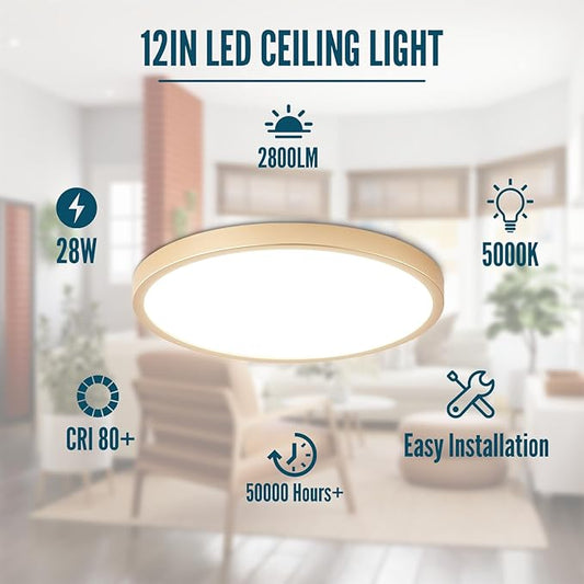 Gold LED Flush Mount Ceiling Light Fixture, 12inch 28W 5000K LED Ceiling Light Set of 2, Ultra Slim Flush Mount Ceiling Lamp for Bedroom, Living Room, Dining Room, Kitchen, Hallway