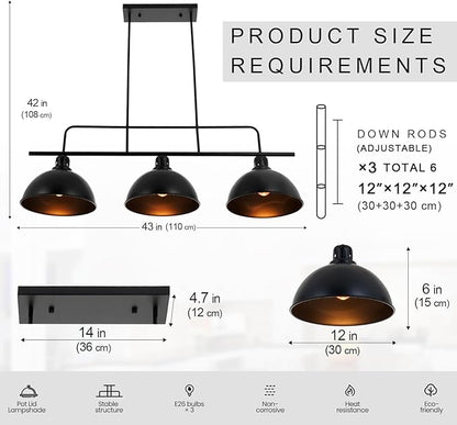 A Million 3-Light Kitchen Island Pendant Light Fixture, Farmhouse Linear Hanging Lighting, Industrial Chandelier with Black Finish for Kitchen, Bar, Dining Room, Pool Table, 2300217001
