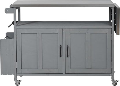 JIJIWANG 60.6" Mobile Kitchen Storage Island with Storage Cabinet and Towel Rack, Foldable Outdoor Kitchen Island with Stainless Steel Top and Lockable Wheels for Patio and Outdoor Grey
