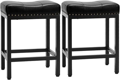 Sweetcrispy Bar Stools Set of 2, 24 Inch Counter Height Stools, PU Leather Upholstered Bar Chairs with Footrest, Modern Bar Stools for Kitchen Island, Dining, Living Room, Modern Black