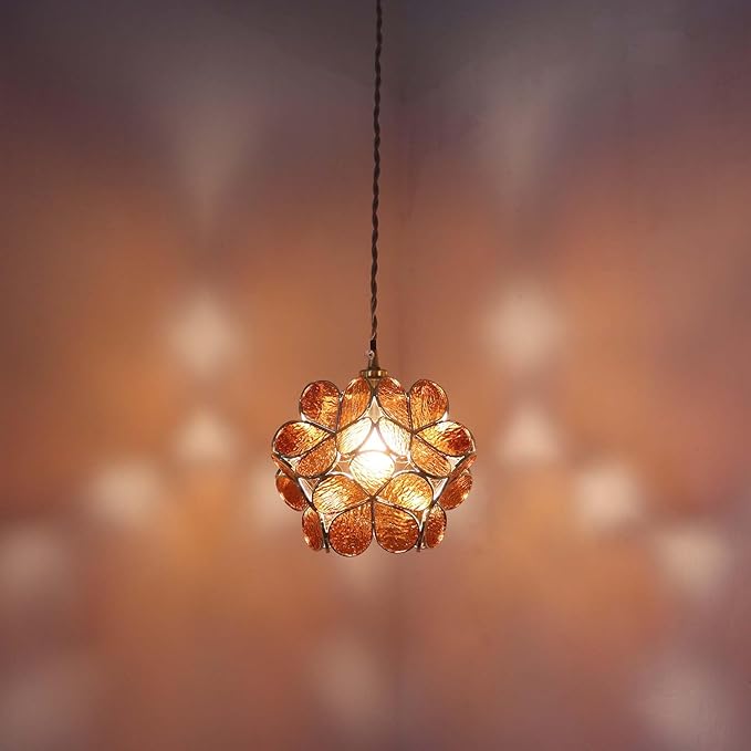 Bieye L10745 Petals Tiffany Style Stained Glass Ceiling Pendant Light with 8-inch Wide Lampshade (Textured Amber, 8" Cherry Blossom)