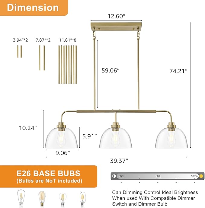 Dining Room Light Fixtures over Table, Large Kitchen Island Lights Modern Farmhouse Chandelier Vintage Brushed Gold Rectangle Chandelier Light Fixture with 3 Big Clear Glass Dome,Height Adjustable