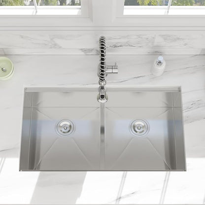 33 Undermount Kitchen Sink - 33x19 Double Bowl Kitchen Sinks Workstation 16 Gauge Stainless Steel Sink Low Divide Double Basin 50/50