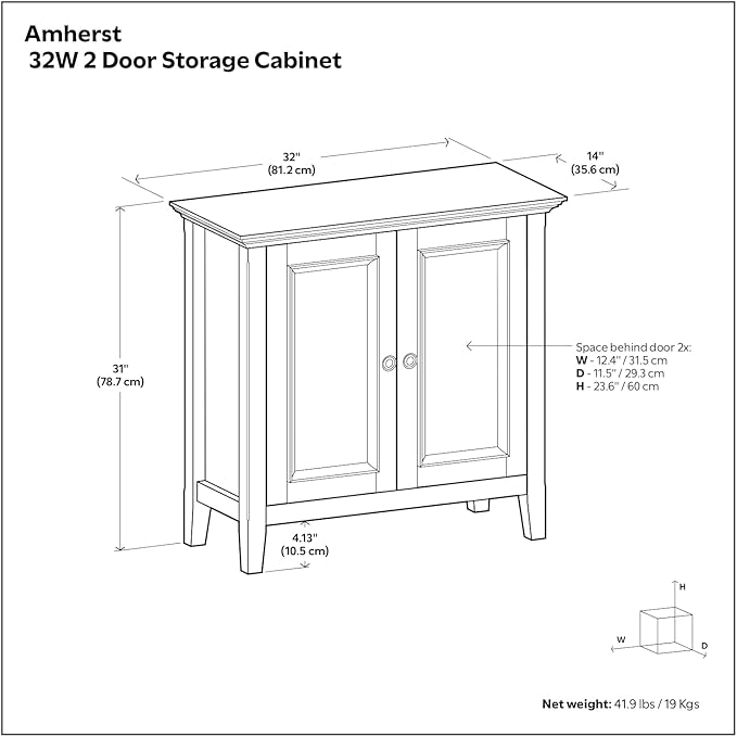 SIMPLIHOME Amherst 32-inch Wide Solid Wood Transitional-Style Low Storage Cabinet in Hickory Brown for Living Room, Entryway, or Dining Area with Adjustable Shelves