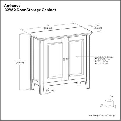 SIMPLIHOME Amherst 32-inch Wide Solid Wood Transitional-Style Low Storage Cabinet in Hickory Brown for Living Room, Entryway, or Dining Area with Adjustable Shelves