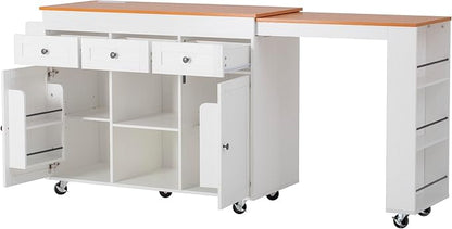 85.5" Kitchen Island with Extendable Dining Table & Power Outlet, Rolling Cart with 3 Drawers, 2 Doors & 3 Open Shelves, Mobile Storage Table for Kitchen and Dining Room (85.5"+White+Natural)