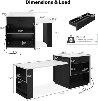 JIJIWANG 82.7 inch Kitchen Island with Extendable Dining Table for 4-6 Person,Faux Mable Kitchen Table with Double-Sized Storage,Power Outlet, with Storage 2 Drawers 2 Side Open Shelves,Black