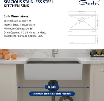 Sarlai 33 Farmhouse Sink Stainless Steel - 33x21 Inch Kitchen Sink Apron Front Stainless Steel 16 Gauge Single Bowl Kitchen Farm Sinks Basin