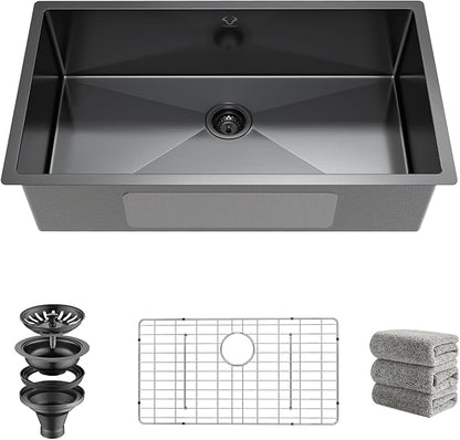 Kitchen Sink 32x18 Inch Undermount Kitchen Sink 16 Gauge Stainless Steel Single Bowl Gun Metal Black Finish with Accessories