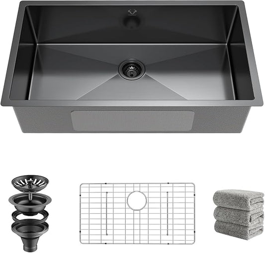 Kitchen Sink 32x18 Inch Undermount Kitchen Sink 16 Gauge Stainless Steel Single Bowl Gun Metal Black Finish with Accessories