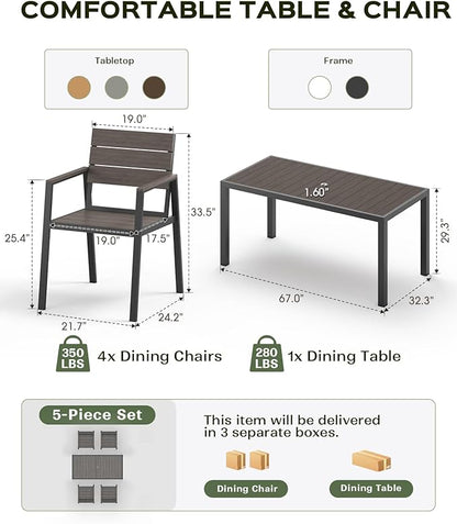 Vexwalx 5-Piece Outdoor Dining Set, Aluminum Dining Table Set for 4, Patio Table and Chairs Set with Umbrella Hole, All Weather HDPS Outdoor Table and Chairs for 4 (Charcoal)