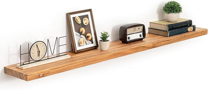 55 Inch Flat Edge Floating Shelves, 8 Inch Deep Solid Elm Wood Wall Shelf, Heavy-Duty Wall Mounted Shelf with Invisible Brackets for Living Room, Bathroom, Kitchen, Set of 1, Natural Color