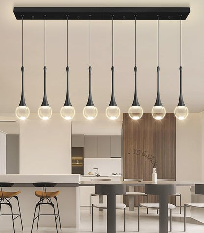 Rectangular Crystal Pendant Lights for Kitchen Island 8 Light Dimmable Crystal Chandelier Lighting Fixtures with Remote for Dining Room Living Room Black
