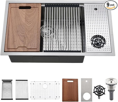33 Inch Undermount Kitchen Sink with Glass Rinser -Bokaiya 33x19 Stainless Steel Kitchen Sinks Undermount Workstation Sink 16 Gauge Multifunctional Single Bowl Deep Kitchen Sink with Cutting Board