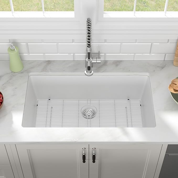 33x19 Inch White Granite Composite Quartz Undermount Single Bowl Kitchen Sink Under Counter Contemporary Kitchen Deep Sink Basin 33"x19"