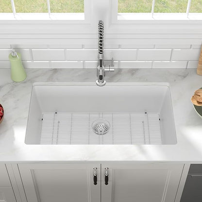 33x19 Inch White Granite Composite Quartz Undermount Single Bowl Kitchen Sink Under Counter Contemporary Kitchen Deep Sink Basin 33"x19"