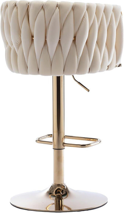 Rhomtree 24-32 Inch Swivel Bar Stools, Adjustable Counter Height Barstools with Nailheads Trim, Velvet Woven Tufted Back and Golden Footrest, Upholstered Bar Chairs Bar Kitchen Island(Ivory Set of 8)