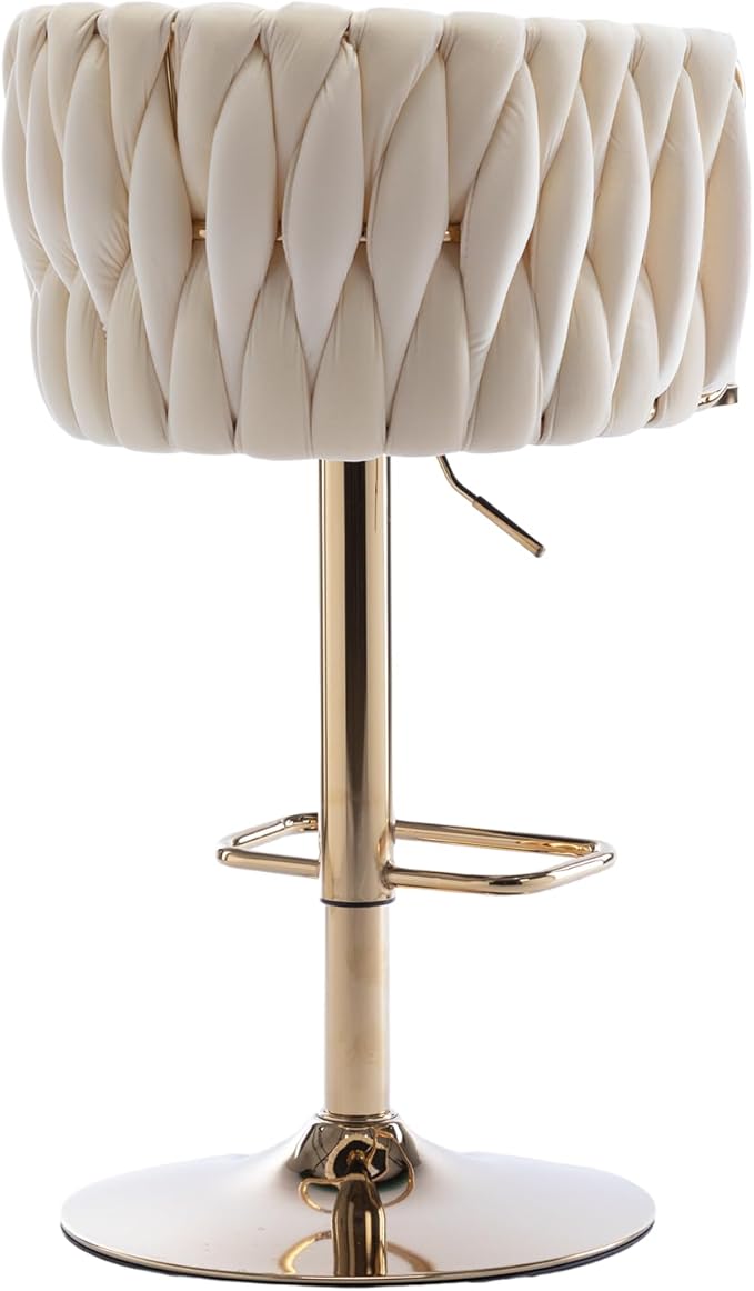 Rhomtree 24-32 Inch Swivel Bar Stools, Adjustable Counter Height Barstools with Nailheads Trim, Velvet Woven Tufted Back and Golden Footrest, Upholstered Bar Chairs Bar Kitchen Island(Ivory Set of 2)