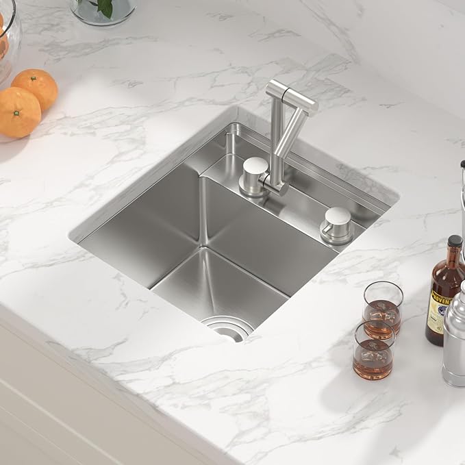 Sarlai Outdoor Sink, 15x17 Inch Undermount Kitchen Sink Workstation with Foldable Faucet Bar Prep Single Bowl Kitchen Sinks 16 Gauge Stainless Steel Sinks with Cover,BBQ Sink Outside