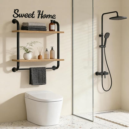 Tinpin Bathroom Shelves Wall Mounted, Rustic Farmhouse Pipe Shelves, 2-Tier, Industrial Shelving Over Toilet, Floating Shelf Decor for Bathroom, Kitchen, Bedroom, Living Room 17.3 inch